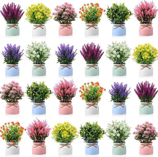 Cindeer 24 Pcs Large Artificial Potted Flowers Fake Potted Plants Plastic Faux Flowers for Home Decor Indoor Artificial Plants in Pots for Wedding Home Desk Tabletop Outdoor Office Kitchen (Colorful)