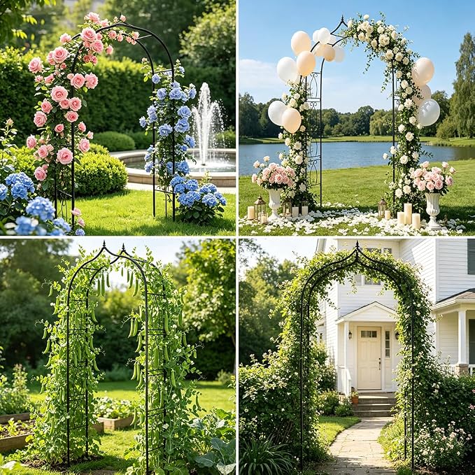 Metal Garden Arbors 8Ft Thickened Arch Trellis for Climbing Plants | Outdoor Arbor Rustproof Metal Frame Trellises Grapes Rose Yard Entrance Wedding Arched Backdrop Stand Party Event Decoration