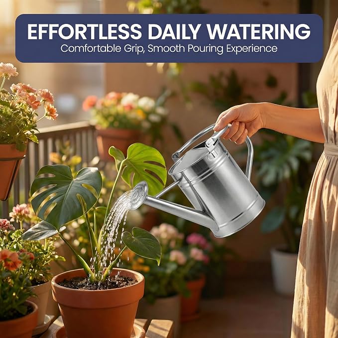 Gardenised 1 Gallon Galvanized Metal Watering Can with Removable Long Spout & Sprinkler Head for Indoor & Outdoor Use Ideal for Garden Flowers Plants Houseplants Modern Home Accessories, Silver- Tone