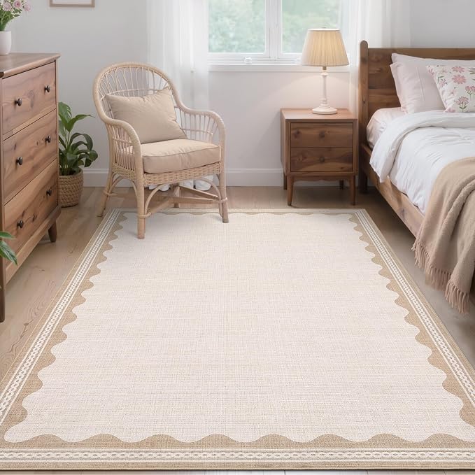 Garvee Modern Bordered Rugs for Living Room 8x10 Large Washable Rug Beige | Non Slip Low Pile Soft Carpet Foldable Non Shedding Stain Resistant Floor Cover for Bedroom Playroom Nursery Office Dorm