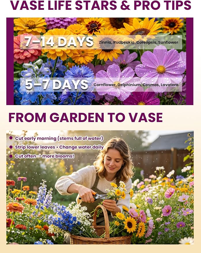 Cut Flower Seeds Mix – 15 Heirloom Varieties, 10,000+ Seeds for Outdoor Planting, High Germination, Long Vase Life (Zinnia, Sunflower, Cosmos) – Covers 120 sq.ft. – Florist Curated for Bouquets