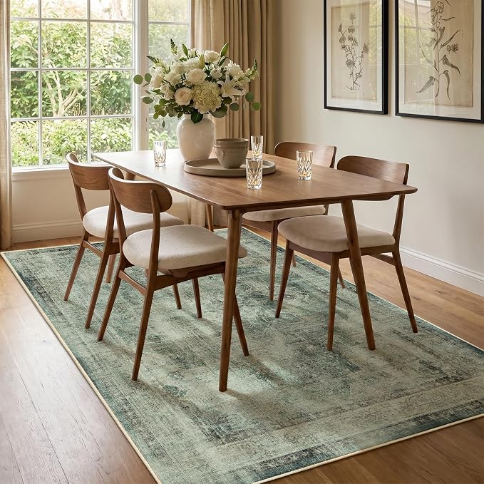 Muted Green Living Room Rug 6x9, Washable Non Slip Rug for Dining Room, Low Pile Thin Vintage Distressed Medallion Carpet Rugs for Bedrom Home Office Den, Collocated with Organic Modern Decor