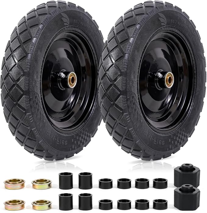 MZREXN 4.80/4.00-8" Flat Free Tire and Wheel 15" Wheelbarrow Tires | 3.00-4.00/4.80-8" Solid Tires with 5/8" & 3/4" Bearings, 3" Centered Hub for Hand Truck Garden Trailers 2PCS Black