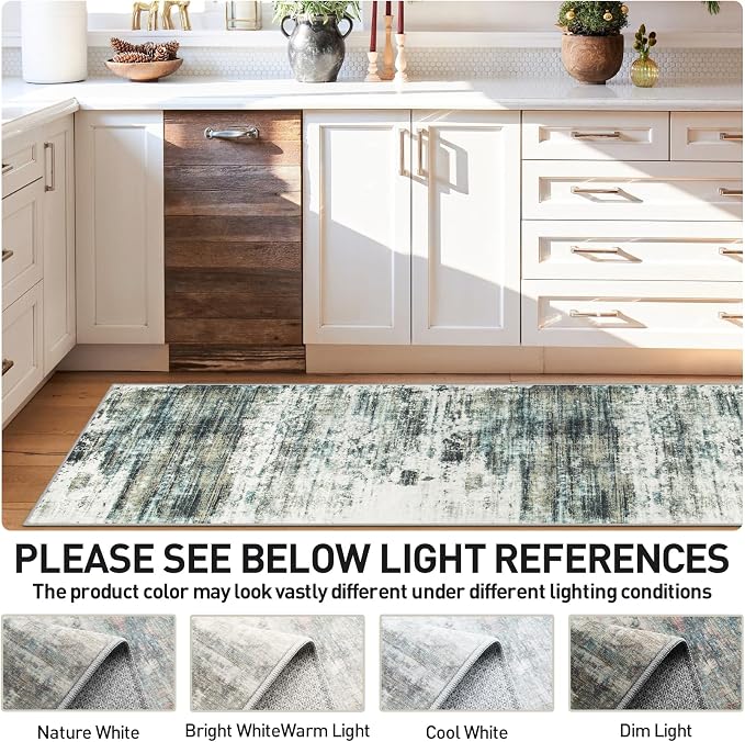 2'6''x8' Runner Rugs Washable Rug:Modern Abstract Hallway Teal Green Carpet | Non-slip TPE backing makes this washable soft low-pile rug safe & durable, Pet-friendly decor for dining room,nursery,office