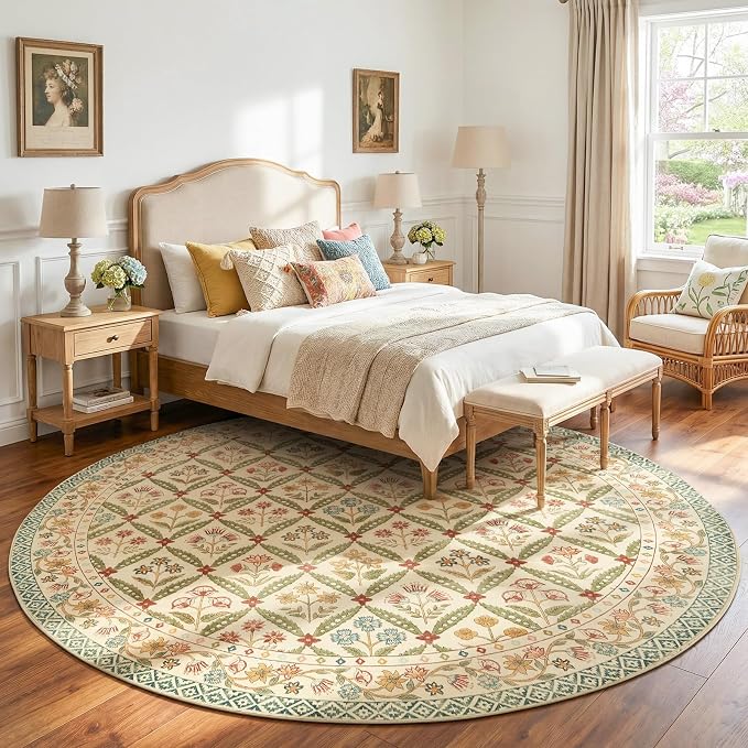 jinchan Round Rug 8ft Vintage Floral Washable Circle Area Rug, Teal Blue | Soft & Lightweight, Checkered Floral, Low Pile, Non Slip, Dining Room, Living Room, Bedroom, Girls Room, Kids Room Decor