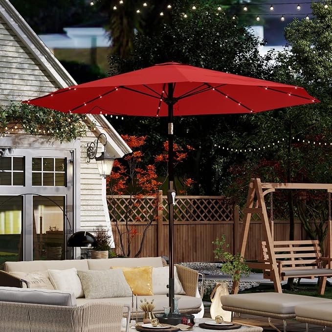 10FT Solar Umbrella 32 LED Lighted Patio Umbrella Table Market Umbrella w/Tilt and Crank, UV-Resistant Outdoor Umbrella for Pool, Garden, Deck, Red