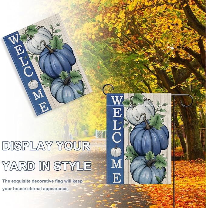 Welcome Fall Pumpkin Decorative Garden Flag, Autumn Blue White Pumpkin Farmhouse Yard Outside Decorations, Thanksgiving Rustic Burlap Outdoor Small Home Decor Double Sided 12 x 18