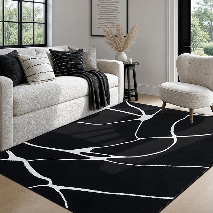 5x7 Washable Modern Abstract Black White Area Rug | Ultra-Thin Low Pile, Non-Slip TPE Backing, Soft Stain Resistant, Machine Washable, for Bedroom Livingroom High Traffic