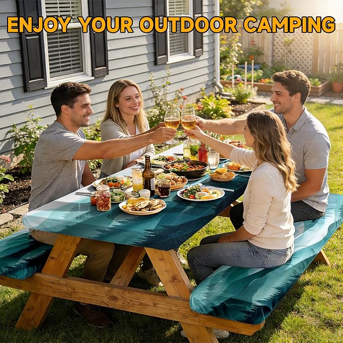 NYZE 3 Piece Picnic Cover Set Table Cover with Bench Covers, Elastic Edge Camping Tablecloth, Mountain Decorative Cover with Drawstring Bag, Camping Essentials for Outdoor Picnics, Patio, BBQ