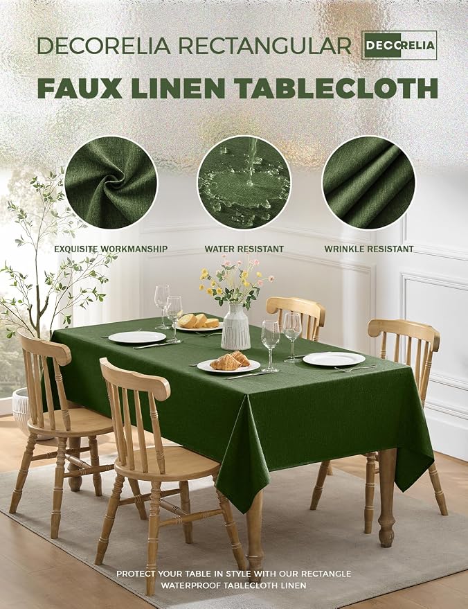 Decorelia Faux Linen Farmhouse Table Cloth 60"x84" for 4-6 ft Rectangle Table, Dark Green Waterproof Outdoor Washable Tablecloth for Rectangular Dining Room Kitchen Outdoor Party Restaurant Decor