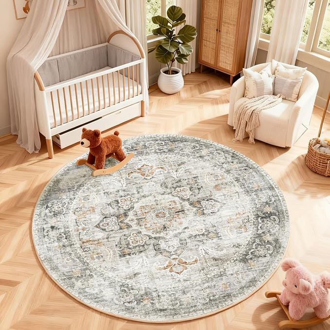 4ft Washable Round Rugs for Bedroom: Circle Living Room Rug Boho Vintage Non Slip Low Pile Soft Faux Wool Non Shedding Small Carpet for Kitchen Entryway Bathroom Bedside Office Dorm Farmhouse Indoor