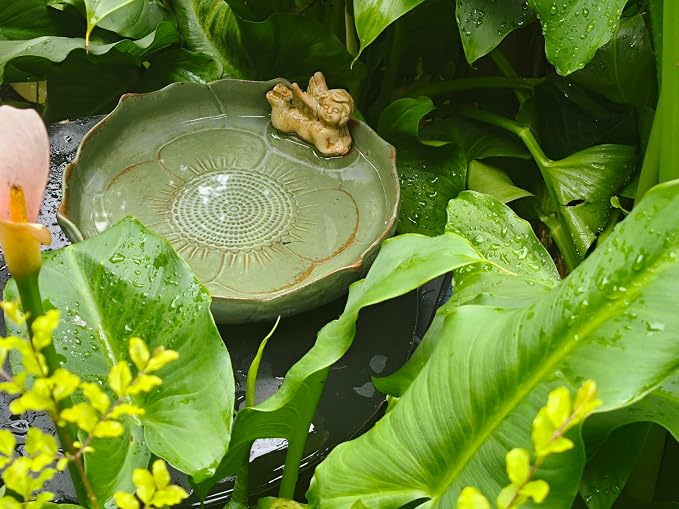 9.45inch Ceramic Ground Bird Bath Bowl for Outside, BirdBath Bowl Only, Ground Bird Feeders and birdbath for Outdoors, Tabletop，Balcony and Garden(Angel)