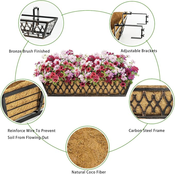 6 Pack 30 Inch Window Boxes Planters Railing Planter Box with Adjustable Brackets for Porch Fence Patio Balcony Hanging Flower Baskets with Coco Liners for Outdoor Garden Decor - Bronze