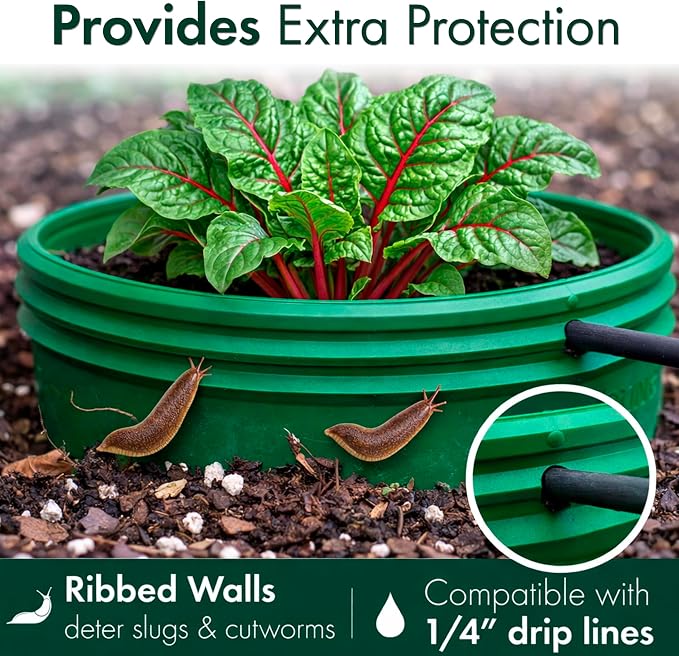 7 inch Solid Planting Grow Rings | 12 Pack Green | One-Piece Design for Deep Root Watering Veggies, Herbs & Flowers | Mulch & Soil Barrier | Deter Slugs and Cutworms | Heavy Duty | Made in USA