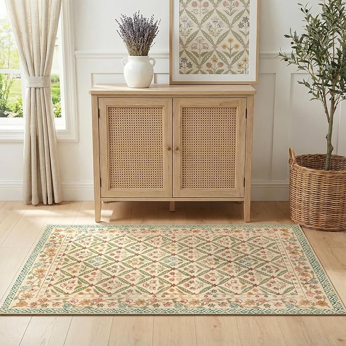 jinchan Vintage Floral 3x5 Washable Entryway Accent Area Rug, Teal Blue | Soft & Lightweight, Checkered Floral, Low Pile, Non Slip, Entrance, Kitchen, Bedside, Girls Dorm, Cottage Decor