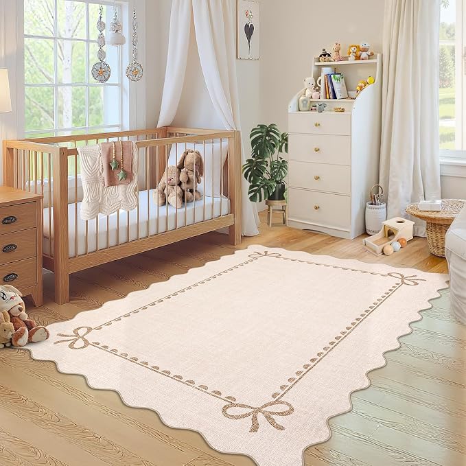 GarveeHome Scalloped Bow Rug 3x5 Washable Beige Rug for Bedroom Living Room | Non Slip Soft Low Pile Indoor Carpet for Nursery Girls Bedroom Decor Hallway Kids Room College Dorm Playroom