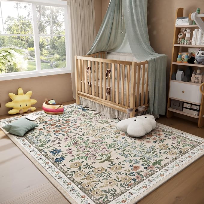 Machine Washable Rugs for Living Room: 5x7 Area Rugs for Bedroom Vintage Stain Resistant Non Slip Low Pile Soft Carpet Rug for Kitchen Dining Room Farmhouse Kids Room Nursery