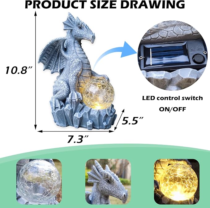 Solar Dragon Garden Statues Outdoor Decor, Resin Dragon Figurine with Solar Crackle Globe LED Lights Lawn Patio Balcony Art Decoration,Housewarming Gifts and Yard Ornament