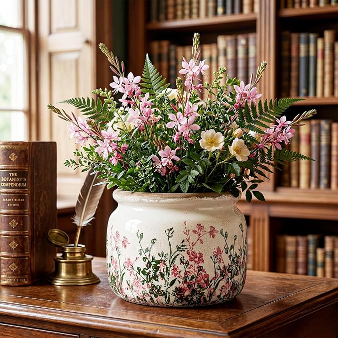 7.7" Large Vintage Ceramic Plant Pot Pink Green Boho Wildflower Crackle Glaze Flowers Planter Pot with Drainage for Indoor Outdoor Plant Rustic Farmhouse Kitchen Office Shelf Home Decor Gift