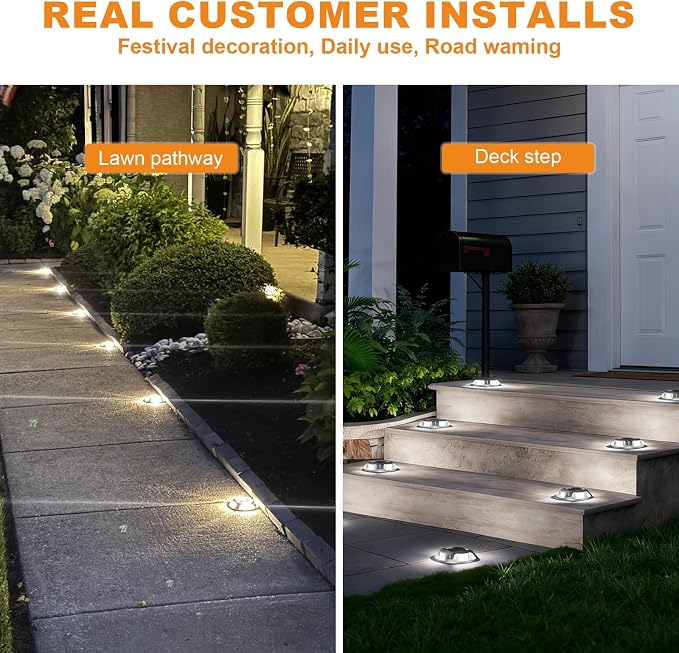 VOLISUN Solar Driveway Lights Dock Marine Lights 4 Pack,2 Colors in 1,Outdoor IP67 LED Deck Light,Solar Powered Waterproof Warning Step Light for Driveway Sidewalk Pathway (White/Warm White)