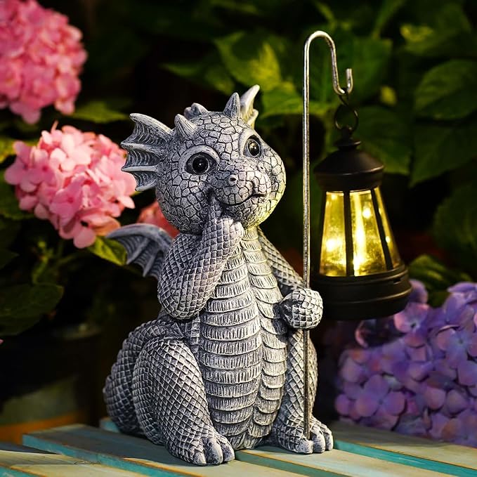 Qeeman Solar Dragon for Garden Decor: Weatherproof Resin Statues | Warm Glow Lantern Outdoor Decoractions for Yard Pathway Patio Porch Balcony Front, Gifts for Mom Grandma Lovers