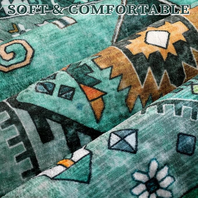 SERISSA 2x4 Washable Non Slip Boho Runner Rug for Entryway，Teal | Ultra Soft Vintage Oriental Carpet Low-Pile Tribal Entrance Carpet for Kitchen Bedroom Hallway Laundry Room Bathroom