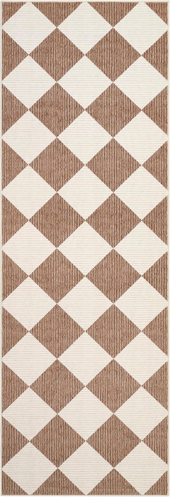 GarveeHome Checkered Rug Runners Hallway 2x6 Brown Kitchen Runner Non Slip | Soft Diamond Print Entryway Rug Thin Laundry Mat Stain Resistant Carpet for Bedroom Bathroom Beside