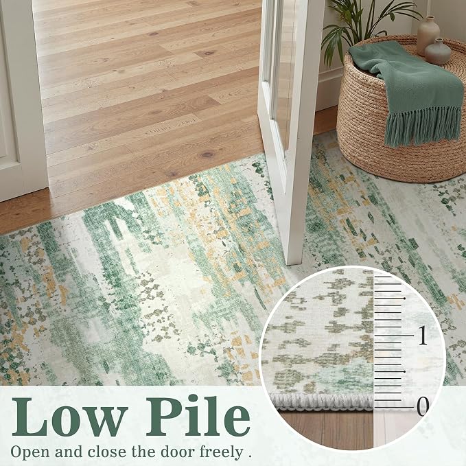 DCX Washable Abstract Area Rug 2x8, Non Slip Low Pile Rug, Sage Green | Easy to clean, non-shedding, soft, kid & pet friendly, with a non-slip rubber backing for living rooms, bedrooms, and offices