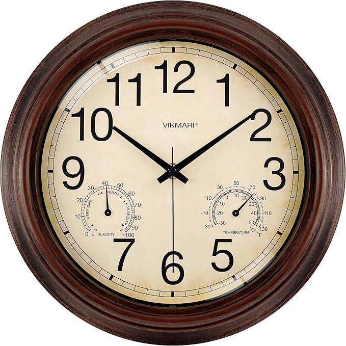 VIKMARI Indoor Outdoor Sealed Glass Clock Waterproof Silent Classic Quartz Clocks Thermometer and Hygrometer Combo Battery Operated Wall Clocks for Bathroom Patio Pool Wall Decor (12 Inch,Brown)