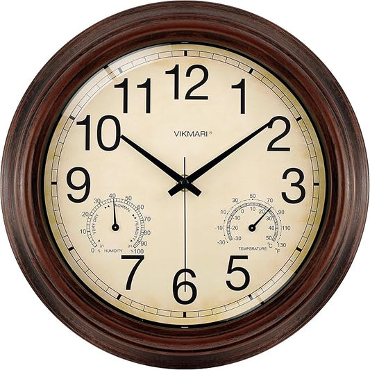 VIKMARI Indoor Outdoor Sealed Glass Clock Waterproof Silent Classic Quartz Clocks Thermometer and Hygrometer Combo Battery Operated Wall Clocks for Bathroom Patio Pool Wall Decor (12 Inch,Brown)