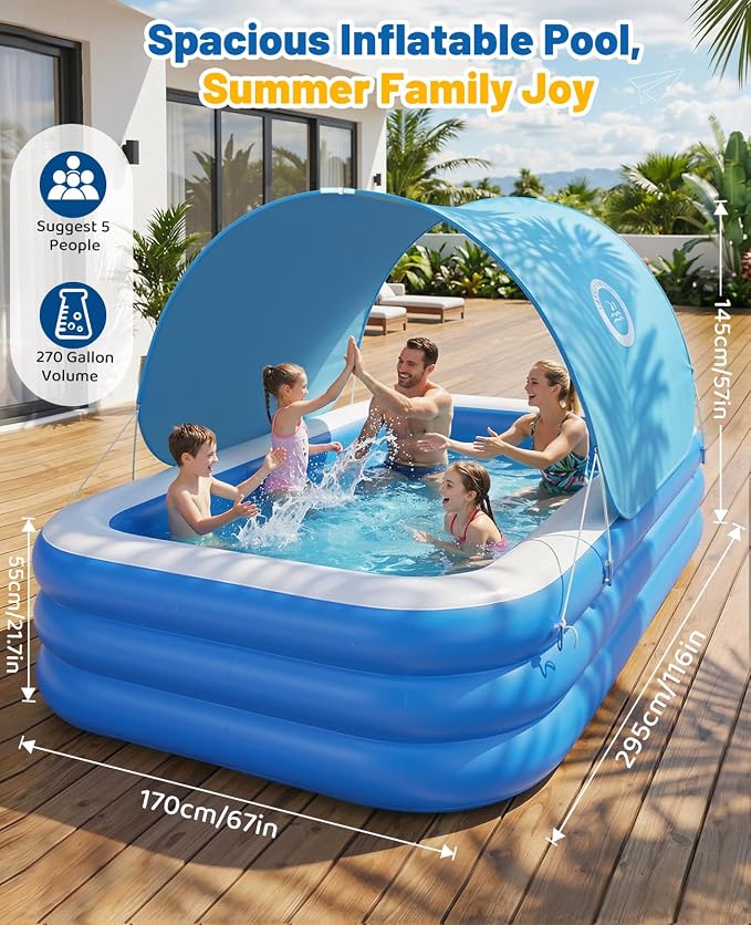 HeySplash Inflatable Pool, Swimming Pool 118" x 69" x 24" Blue | Thickened Blow Up Pool with Canopy, Large Family Pool for Outdoor Backyard Garden Party Summer Fun Adults Kids