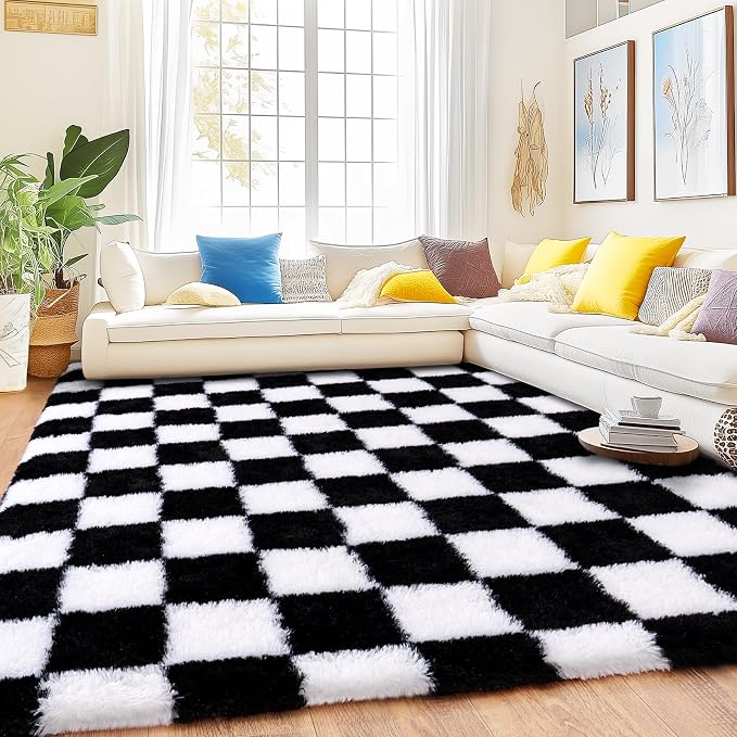 Checkered Rug 9x12 for Living Room, Ultra Fluffy Fuzzy Shag Black and White Large Area Rug for Bedroom, Modern Plush Soft Upgrade Non-Slip Carpet for Kids Girls and Boys Room Dorm Home Decor
