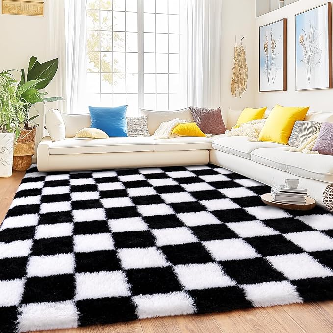 Black and White Checkered Rugs for Bedroom, 4x6 Ultra Fluffy Fuzzy Shag Area Rug for Living Room, Modern Plush Soft Upgrade Non-Slip Carpet for Kids Girls and Boys Room Dorm Nursery Home Decor