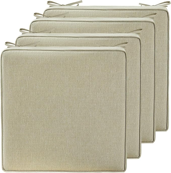 19 x 19 Inch Outdoor Chair Cushions with Tie Straps, Set of 4 Thick Water Repellent Square Patio Chair Pads for Garden Lawn Patio Furniture, Linenweave Tan