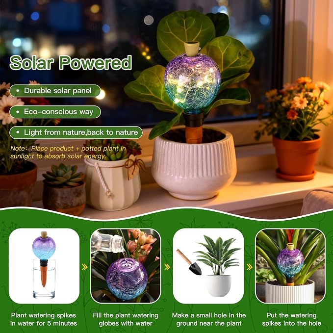 VOREEN Crackle Glass Plant Watering Globe with Terracotta Spike,Self-Watering Irrigation for Potted Plants, with Solar Accent Light for Indoor & Outdoor Décor, 17oz, Purple–Blue Gradient