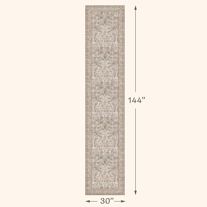 Vintage Floral Moss Green 2'6"x12' Hallway Runner Rug Non Slip - Washable 12 ft Extra Long Farmhouse Carpet, Neutral Taupe Brown Indoor Rug for Entryway, Kitchen
