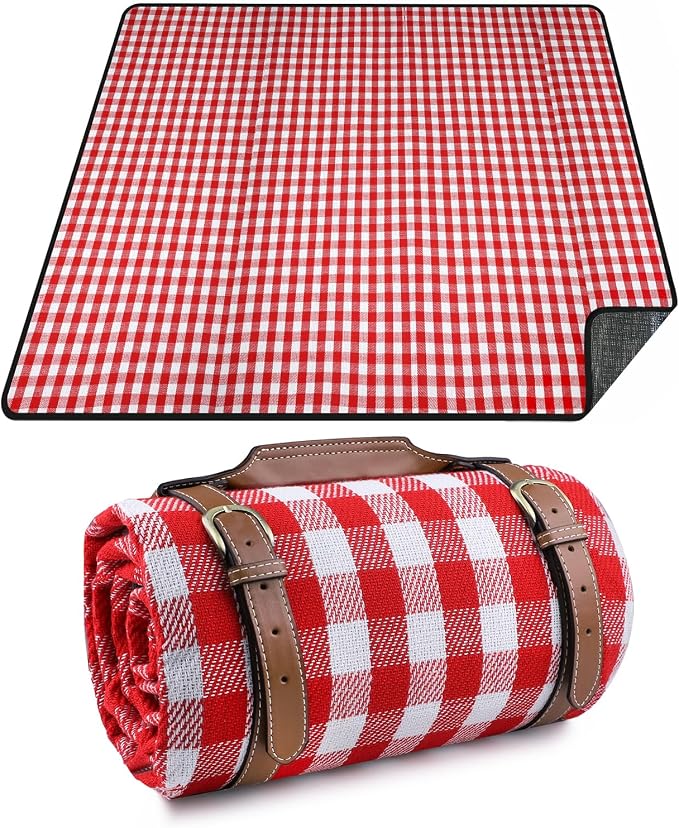 Extra Large Picnic Blanket, 80"x60" Waterproof Sandproof Beach Mat, Soft Foldable Outdoor Camping Mat with PU Carrier, Red White Plaid Portable Mat for Lawn, Grass, Travel & Park