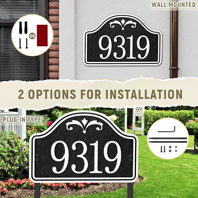 Personalized Lawn Address Plaque Sign with Stakes - House Address Signs for Outside Use for House,Apartment,Office,Yard (Black/Silver)