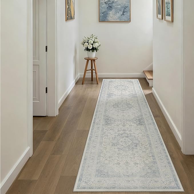 2x8 Blue Washable Runner Rug Non Slip Vintage Carpet | Low Pile, Stain Resistant, Living Room, Kitchen, Bedroom, Entryway, Laundry Room, Hallway, Soft, Thin, Lightweight