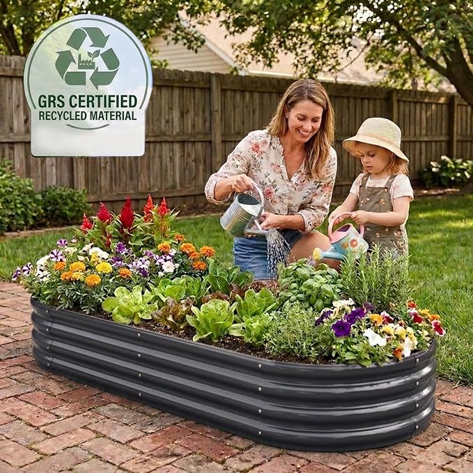 Rakukiri Raised Garden Bed GRS Certified Galvanized Planter Box Outdoor, 8ft Oval Rot-Resistant Metal Garden Bed Planter, Recycled Material Planter for Vegetables Flowers Herbs (Grey)