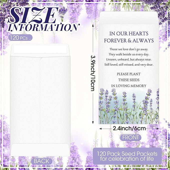 Fumete 120 Pack Lavender Seed Packets Bulk Memorial Day Lavender Coin Envelopes Kraft Small Celebration of Life Funeral Favors for Guests Veterans Day Sentimental Funeral Service Gift, 3.9 x 2.4 Inch