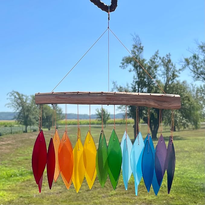 Blue Handworks Rainbow Glass Chime, Sandblasted Glass and Found Wood Handcrafted Wind Chime | Sandblasted Glass and Found Wood Handcrafted Wind Chime