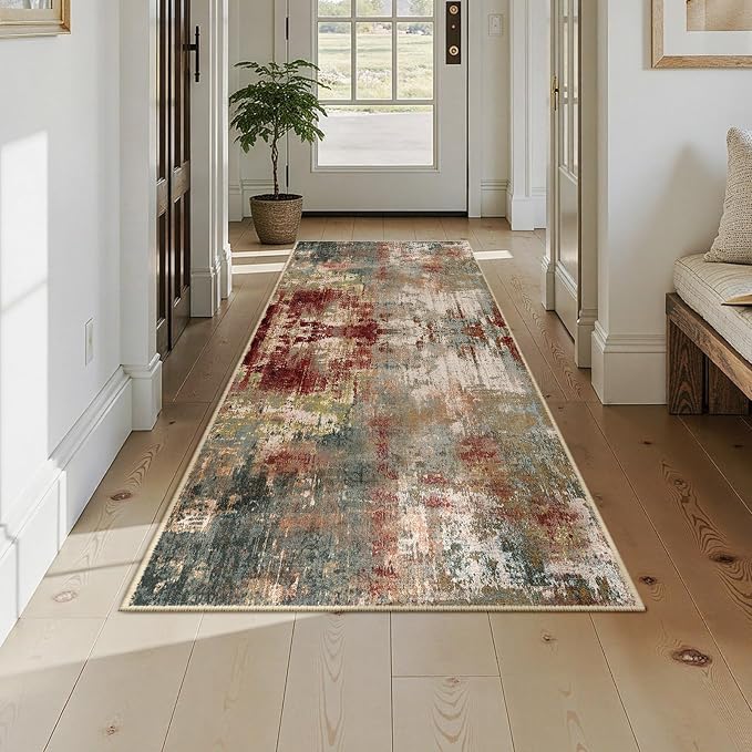 RELEANY Washable Runner 3'x8' Abstract Area Rug for Hallway Rustic Brown | Carpet for Kitchen, Entryway, Bathroom, Living Room, Bedroom, Printed Pattern, Non‑Slip, Soft, Stain‑Resistant, Easy to Clean