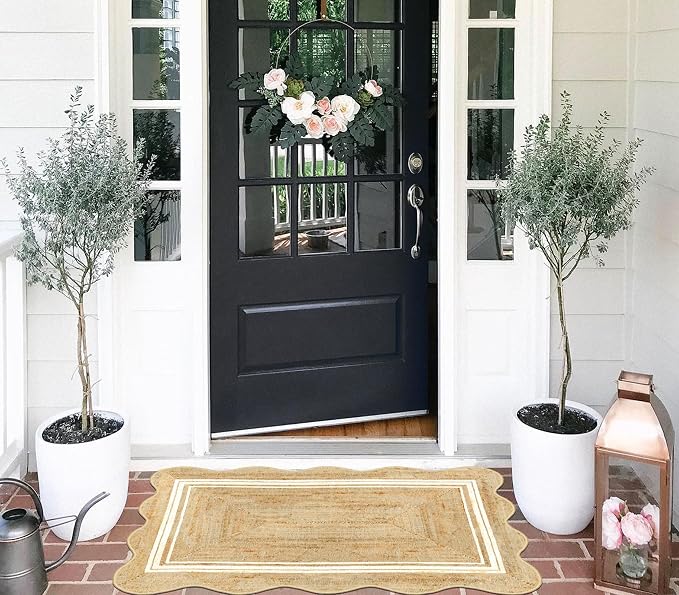 Boho Scalloped Outdoor Rug, 28"x43" Front Door Mat Indoor Entrance | Non-Slip Washable Outdoor Mat Jute-Look Neutral Farmhouse Rugs for Entryway Kitchen Bedroom Layered Doormat for Front Porch
