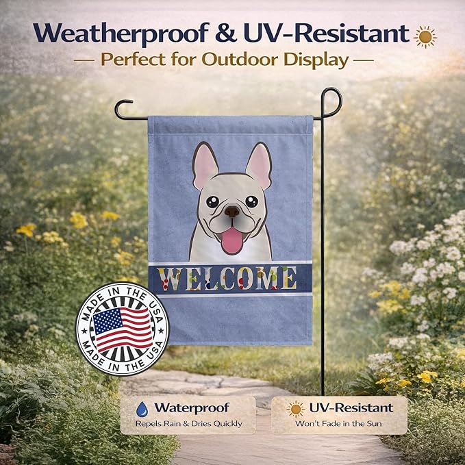 Caroline's Treasures BB1424GF French Bulldog Welcome Garden Flag, Blue Mailbox Flag Decorative Yard Flag Banner Outside Patio Artwork Yard Flower Beds, Garden Size, Multicolor