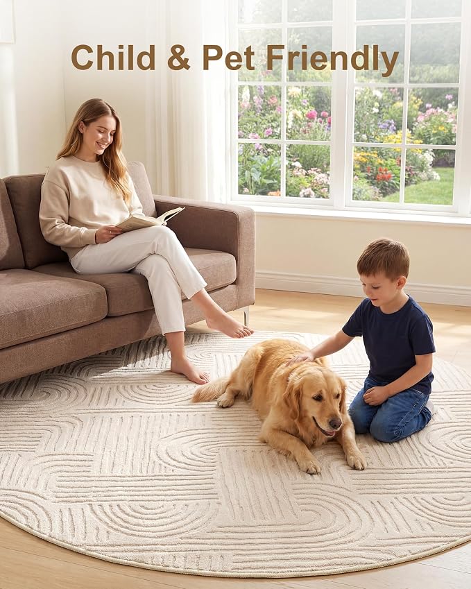 Carvapet 5.2ft Round Rug Beige Washable High Low Pile Carpet | Soft plush textured rug with non slip backing for living rooms, bedrooms, nurseries and cozy indoor spaces