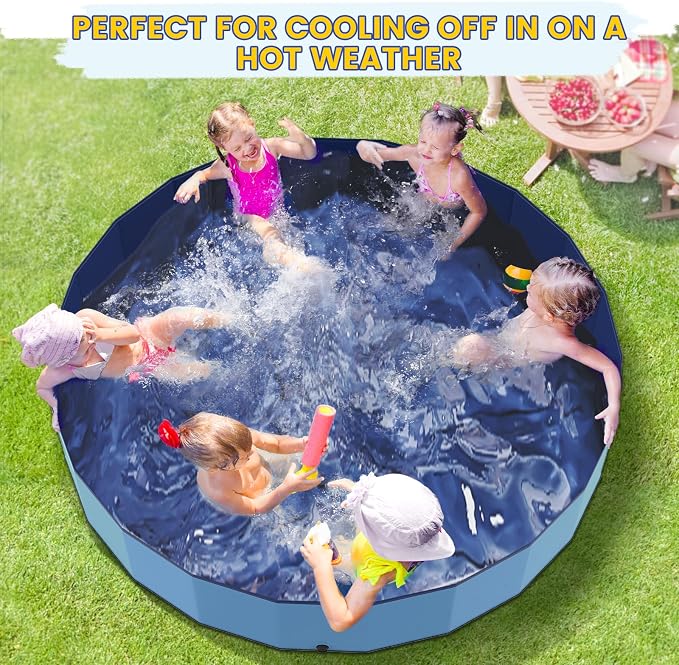 PETOCAT 97" Foldable Dog Pool Kiddie Swimming Pool,Plastic Non-Slip Hard Shell Kids Wading Pool, Large Portable Collapsible Pet Puppy Bathing Tub, Heavy Duty - Family Size, 8 ft x 16 inch.D - 5XL