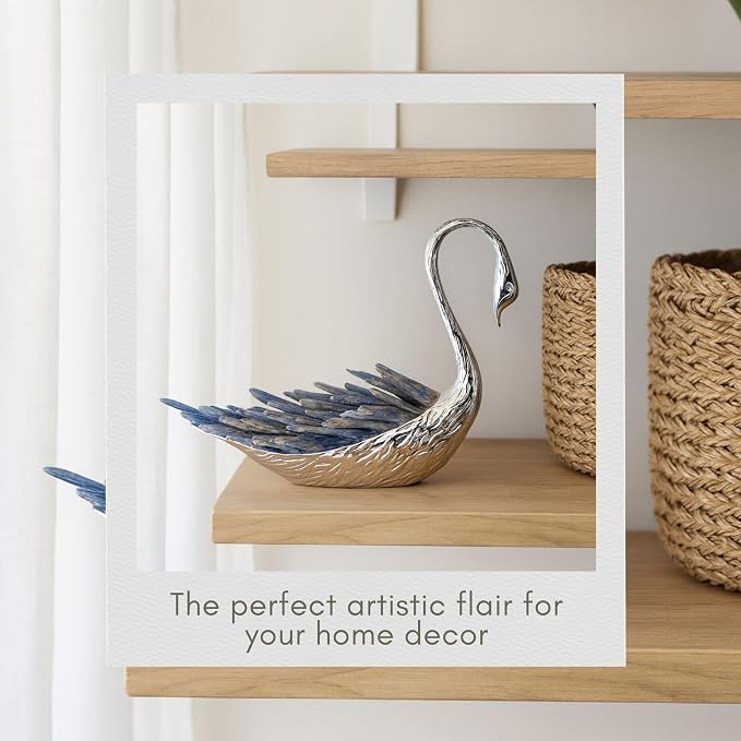 Metal Decorative Swan Sculpture with Crystal Feather – Accent for Table Top & Shelf, Coffee Table Decor for Living Room – Indoor Home Decor, Modern Stylish Tabletop Accessories Accent Piece – 6", Blue