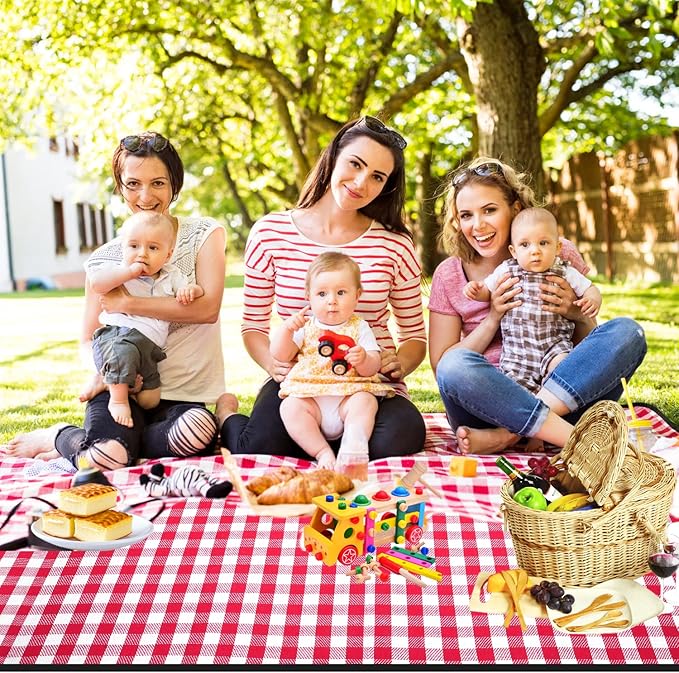 Extra Large Picnic Blanket, 80"x60" Waterproof Sandproof Beach Mat, Soft Foldable Outdoor Camping Mat with PU Carrier, Red White Plaid Portable Mat for Lawn, Grass, Travel & Park
