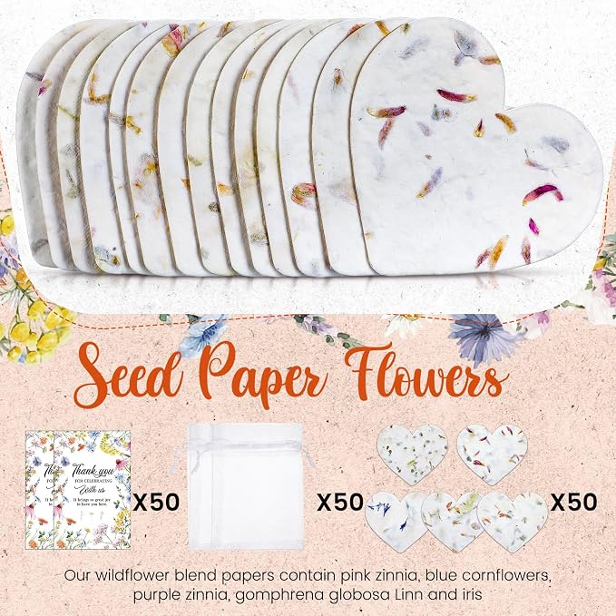 Dunzoom 50 Sets Wedding Gifts for Guests Heart Shaped Seed Paper Handmade Flower Petals Tags Plantable Wildflower Seed Paper Recycled Thank You Cards and Organza Bags for Bridal Shower Party Favor